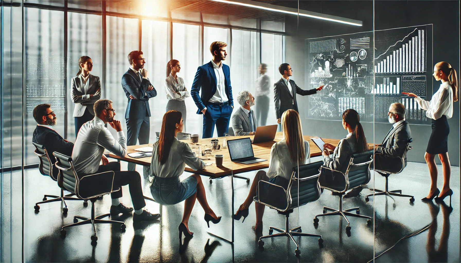 A modern office setting with a group of diverse professionals engaged in a meeting. A team leader, standing at the head of a sleek conference table leader assimilation